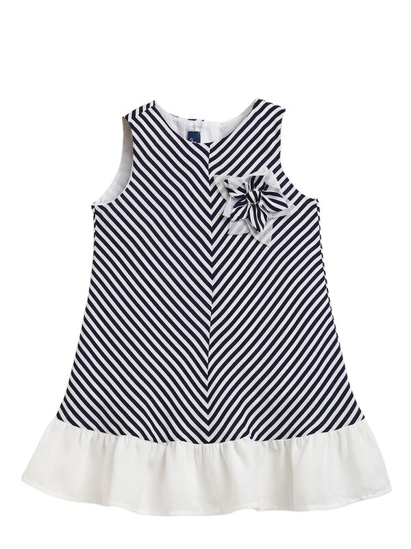 Girls White & Blue Short Sleeve Striped Dress image number 0